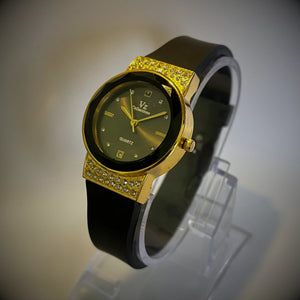 VZ Collections Women's Luxury Black & Gold Crystal Watch