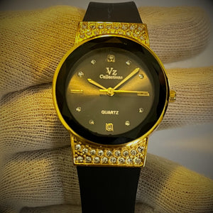 VZ Collections Women's Luxury Black & Gold Crystal Watch