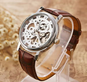 Classic Skeleton Mechanical Watch – Vintage Brown Leather Strap