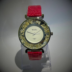 MxRe Women's Quartz Watch with Floating Crystals & Red Leather Strap