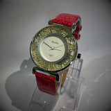 MxRe Women's Quartz Watch with Floating Crystals & Red Leather Strap