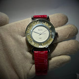 MxRe Women's Quartz Watch with Floating Crystals & Red Leather Strap